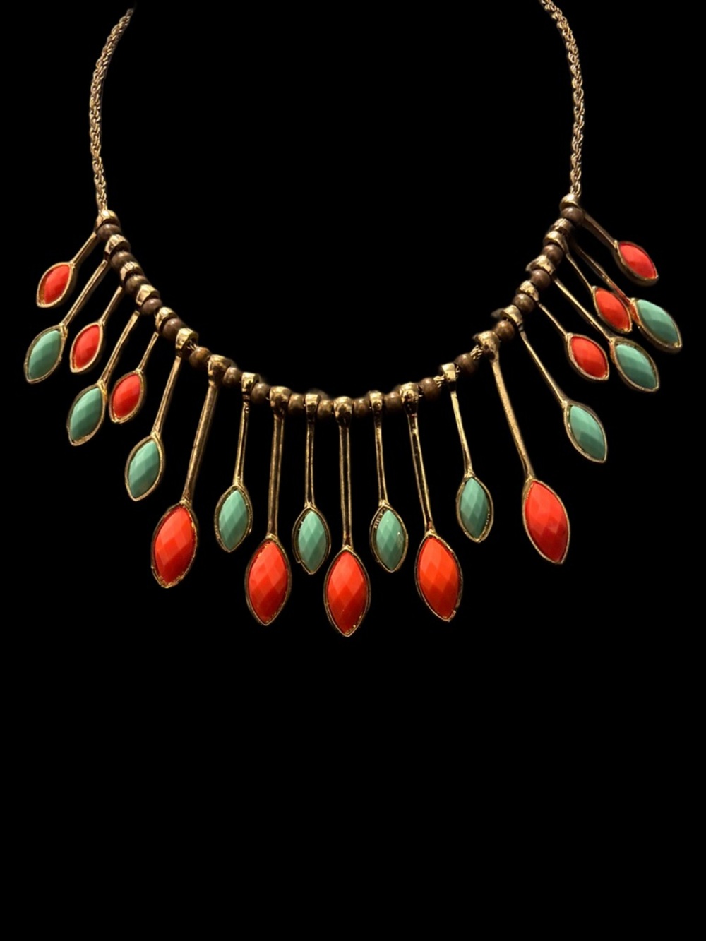 Vintage Gold Tone Necklace with Coral Red and Turquoise Teardrop Pendants